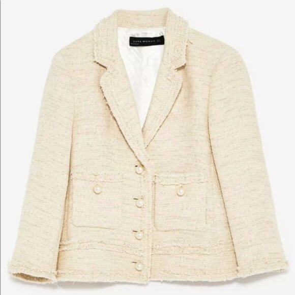New Zara Ivory Ecru Tweed Textured Blazer Jacket w/Pockets, Pearl Buttons, Ivory - Picture 6 of 14